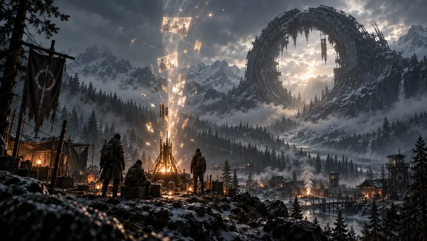 A signal pyre throwing glowing fragments of photographs into the night sky above the camp