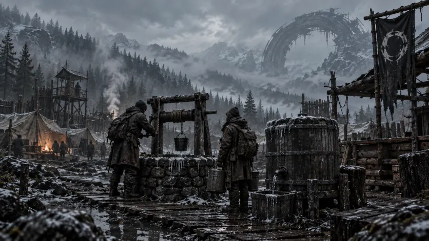 Survivors drawing water from a timber well head into a reservoir barrel