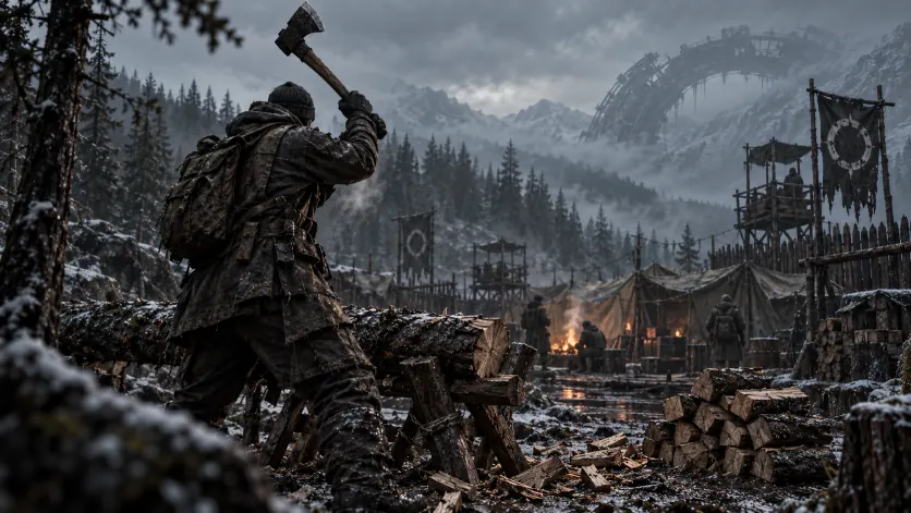 A survivor splitting a felled trunk with an axe beside a small stack of firewood