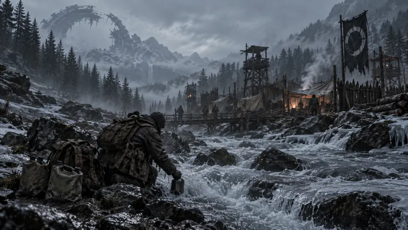 A survivor filling a canteen and jerricans from a fast meltwater river below the camp