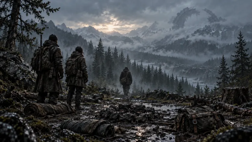 Two survivors watching a third walk toward the treeline past unrolled bedrolls on day one
