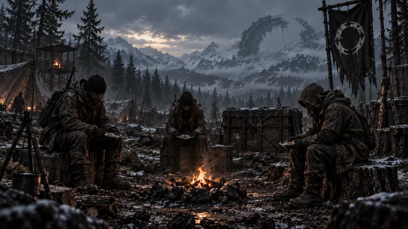 Three survivors sitting apart at a small fire with quarter-filled plates