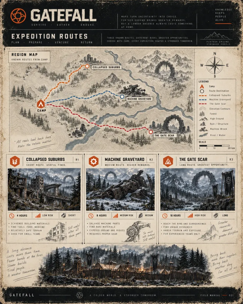 Field manual map of the three expedition routes from camp — Collapsed Suburbs at four hours and low risk, Machine Graveyard at eight, and the Gate Scar at sixteen