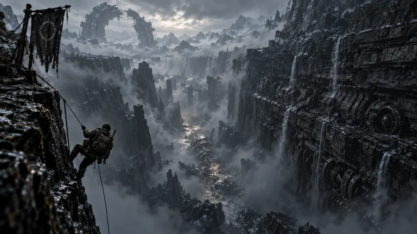 A survivor rappelling down a black canyon wall of slagged rock and buried machinery