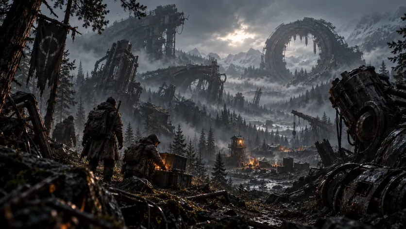 Survivors picking through a fog-filled valley of wrecked machine hulks