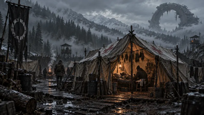 A lit canvas medical tent with a survivor on a cot and herbs drying overhead