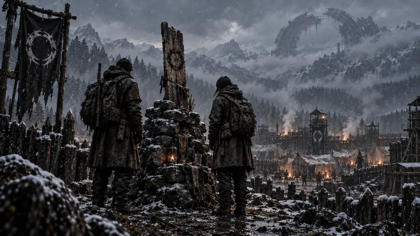 Two survivors standing at a stone cairn grave beside the camp palisade in falling snow