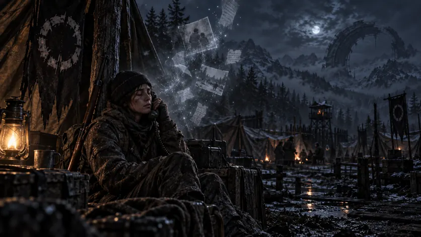 A survivor listening on a salvaged handset at night as fragments of photographs rise as light