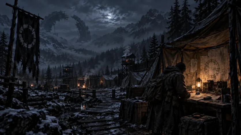 A survivor studying salvaged schematics by lantern light in a dark camp at night