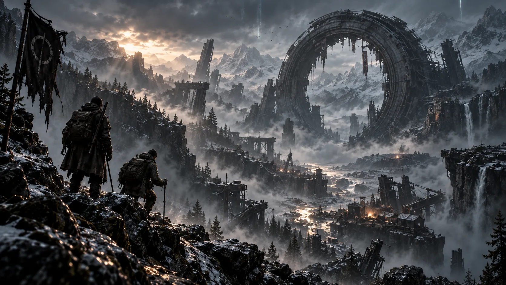 A snowbound valley beneath a collapsed ring structure, with a small timber outpost burning fires in the middle distance.