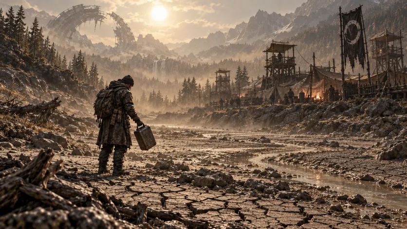 A survivor standing in a cracked dry riverbed holding an empty jerrican under hazy sun