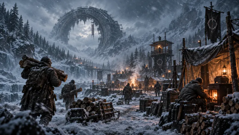 Survivors carrying cut logs through heavy snow toward the camp fires