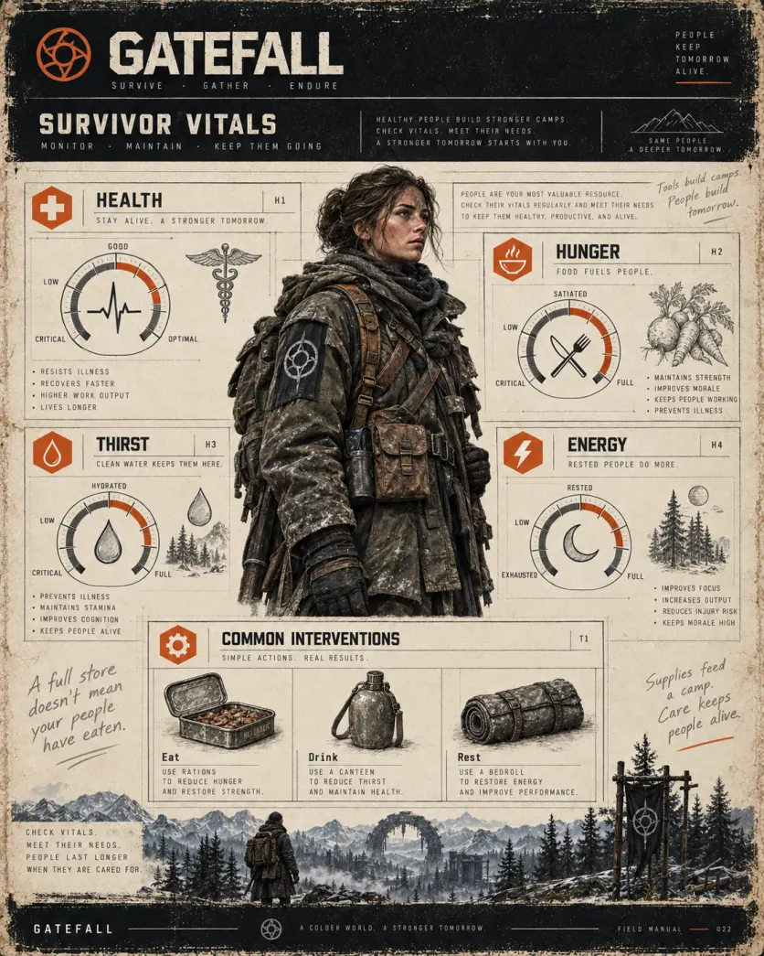 Field manual page showing the four survivor vitals — health, hunger, thirst and energy — with Eat, Drink and Rest as the three interventions