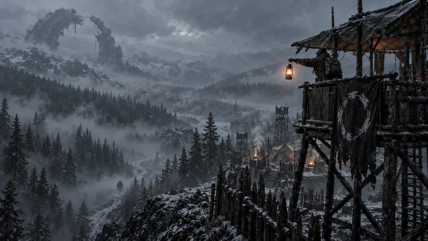 A survivor on a watchtower platform signalling with a lantern toward a figure on the trail below
