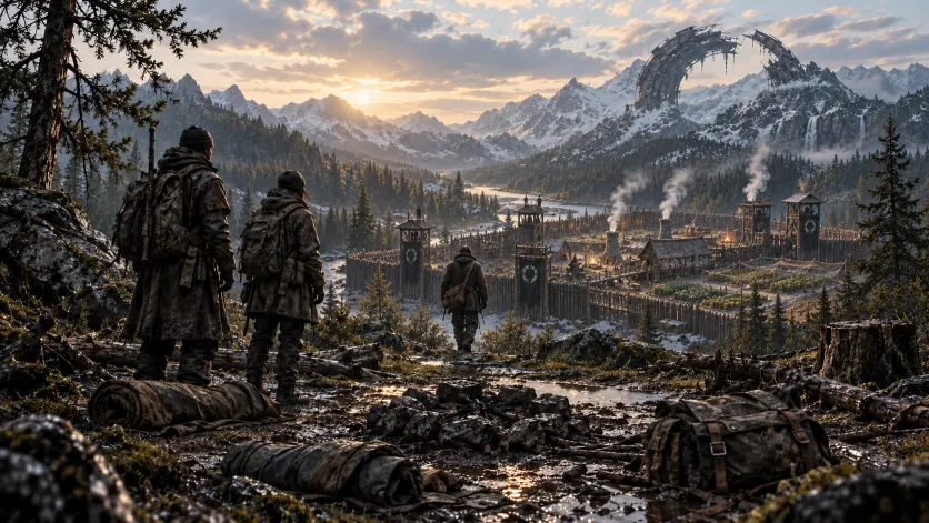 Survivors on the same ridge as day one looking down at a completed camp in dawn light