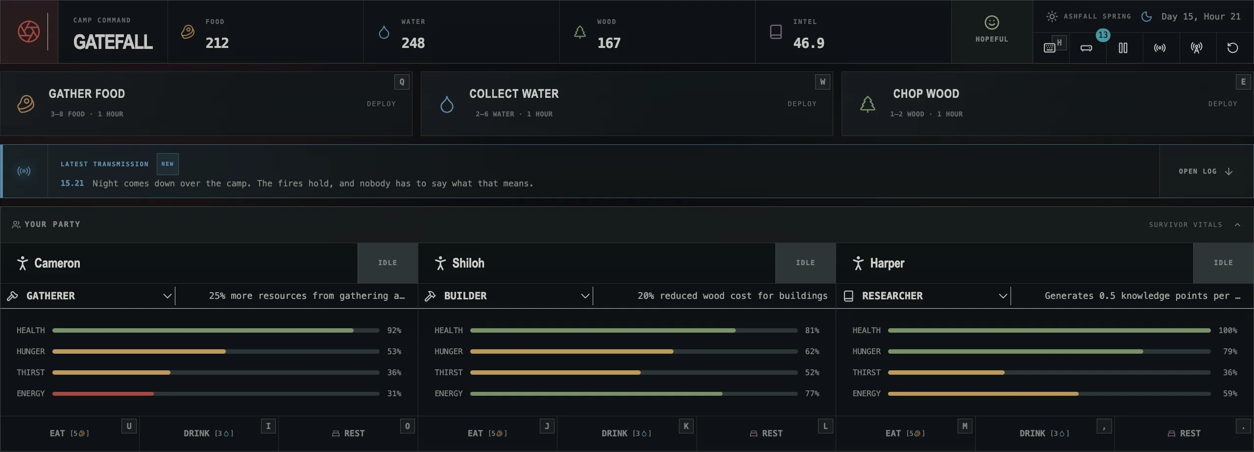 The Gatefall camp screen: food, water and wood counters across the top, buttons to gather each
                    one, the latest field report, and health, hunger, thirst and energy bars for every survivor.