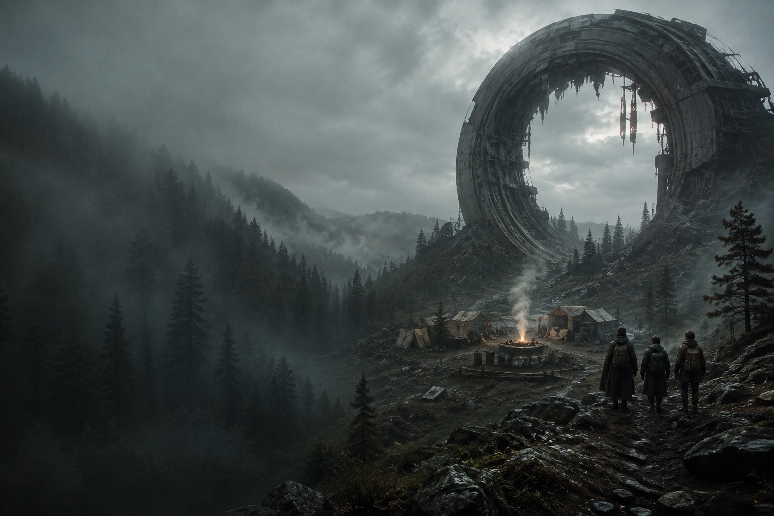 Cinematic concept art: three survivors look down on a small outpost beneath the broken machine gate.
