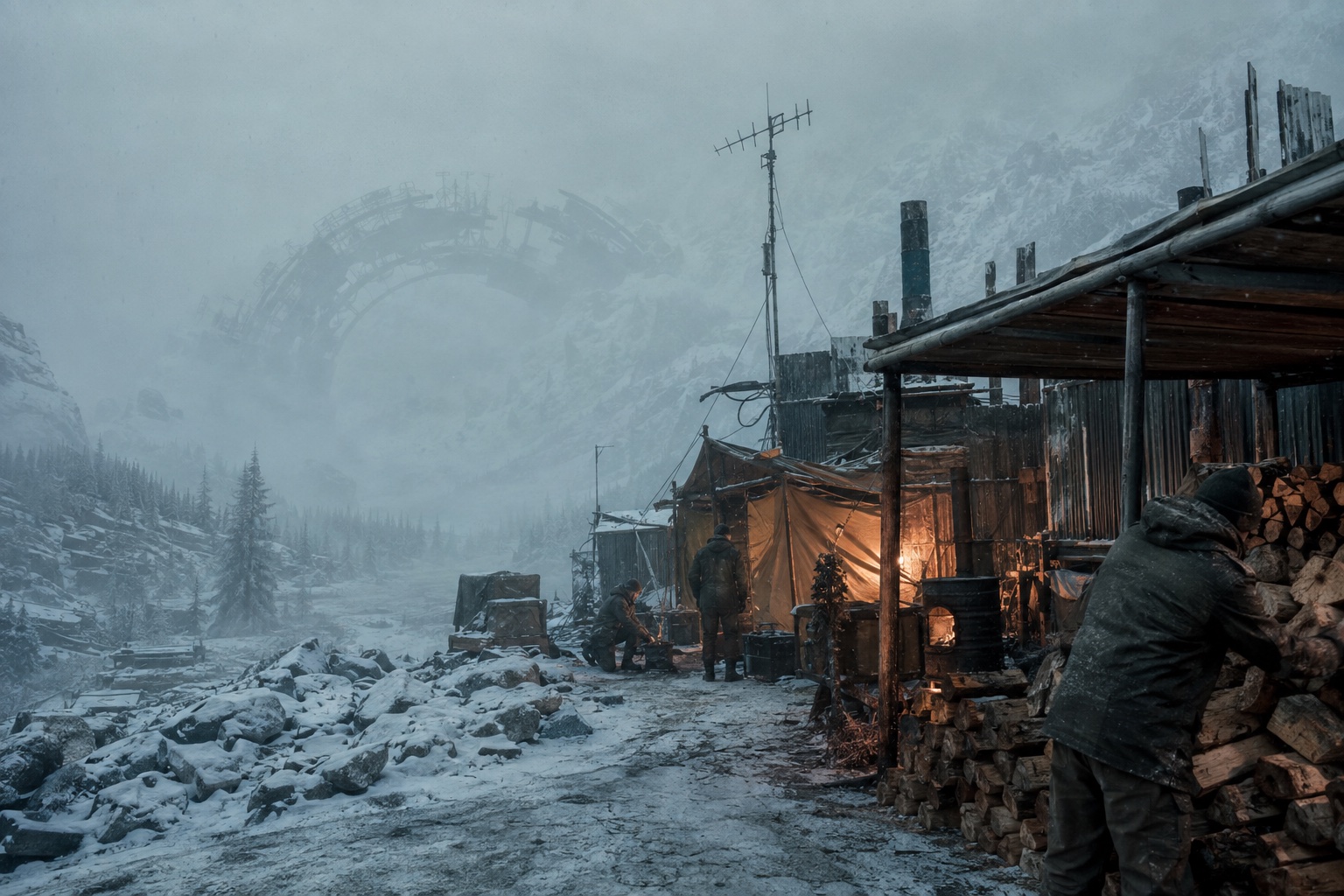 Generated cinematic concept art of survivors tending a snowbound outpost, with sheltered firewood and a warm stove beneath the ruined gate.